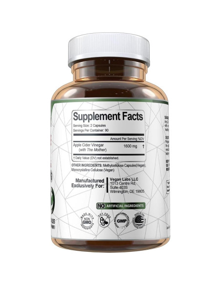 Cápsulas de Vinagre de Sidra de Manzana Vegan Labs 180 Unidades 1600mg