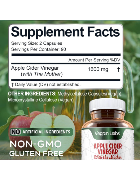 Cápsulas de Vinagre de Sidra de Manzana Vegan Labs 180 Unidades 1600mg