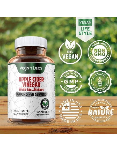 Cápsulas de Vinagre de Sidra de Manzana Vegan Labs 180 Unidades 1600mg