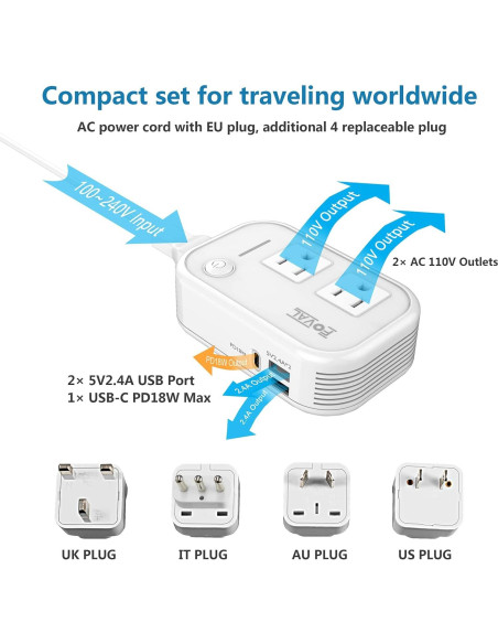 Convertidor de Voltaje FOVAL 220V a 110V con USB-C 18W