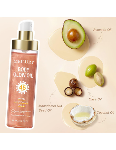 Aceite Brillante Corporal Meilury SPF 45 con Mica Rosa 109.8 ml