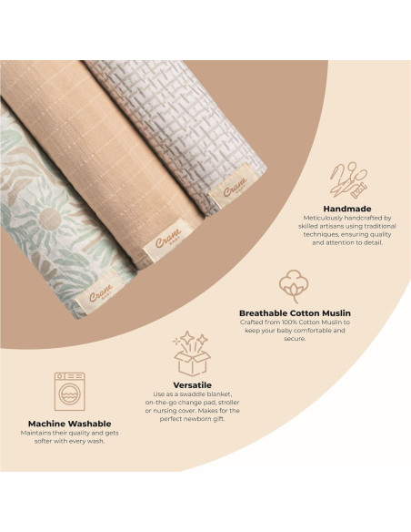 Set de 3 Mantas de Muselina 100% Algodón Crane Baby 120x120cm