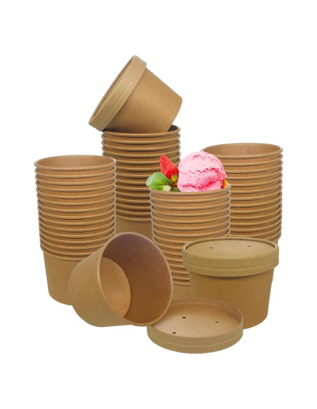 Tazas de papel Kraft 355 ml Belinlen con tapas - 50 unidades