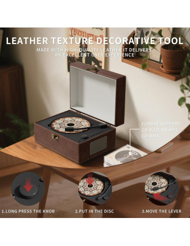 Reproductor de CD Bluetooth portátil cuero rojo con control remoto