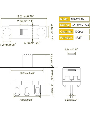 100pcs Mini Interruptor Deslizante SPDT Juasky SS-12F15 10x6x5mm