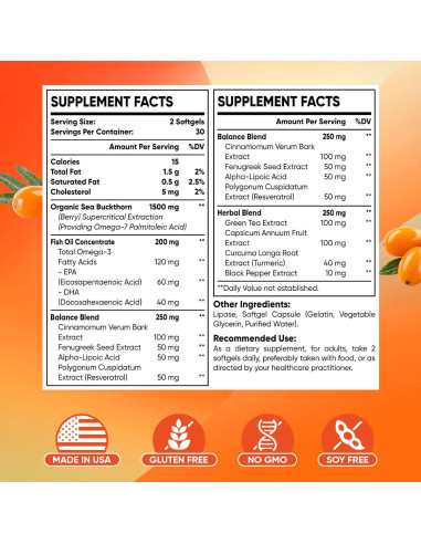 Aceite de Espino Marino Omega-7 + Omega-3 EPA/DHA Sakpwer - 60 Cápsulas