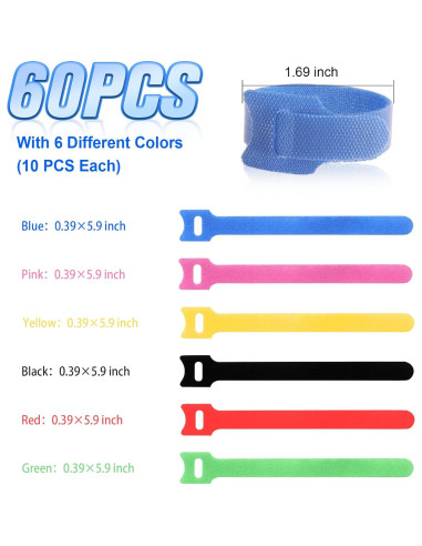 60 Bridas de Cable Reutilizables AexZzen Ajustables Multicolor