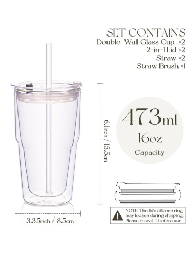 Vasos de Vidrio Borosilicato Doble Pared KEMORELA 473ml 2PCS