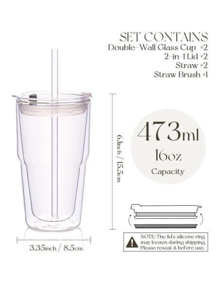 Vasos de Vidrio Borosilicato Doble Pared KEMORELA 473ml 2PCS