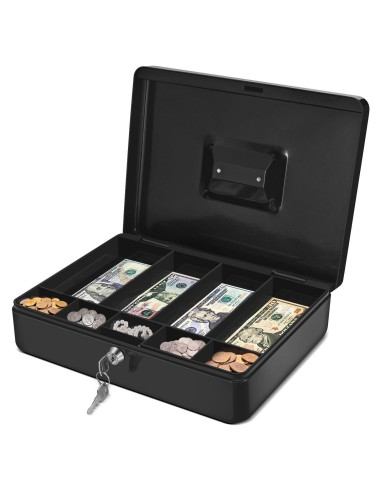 Caja de Dinero Flexzion Negra con Bandeja y Cerradura 29x23x8cm