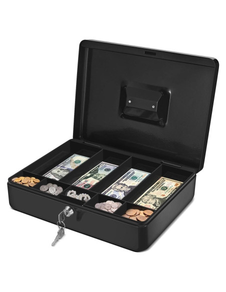 Caja de Dinero Flexzion Negra con Bandeja y Cerradura 29x23x8cm