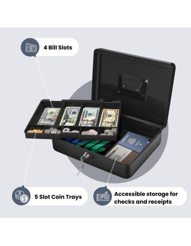 Caja de Dinero Flexzion Negra con Bandeja y Cerradura 29x23x8cm