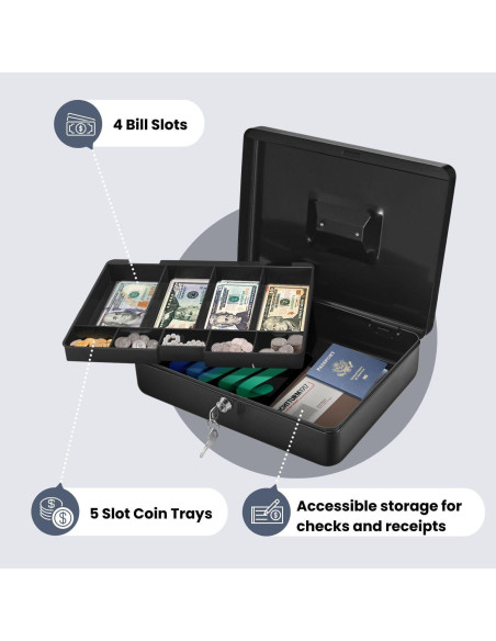 Caja de Dinero Flexzion Negra con Bandeja y Cerradura 29x23x8cm