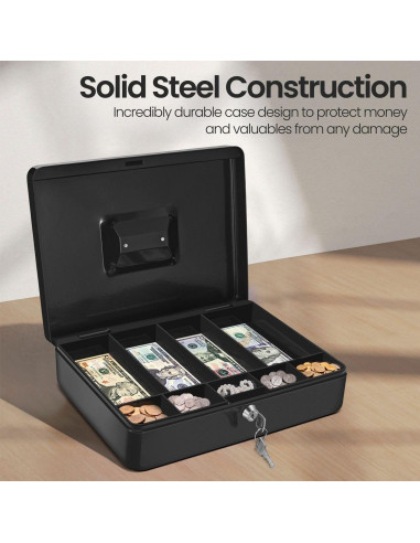 Caja de Dinero Flexzion Negra con Bandeja y Cerradura 29x23x8cm