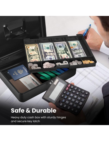 Caja de Dinero Flexzion Negra con Bandeja y Cerradura 29x23x8cm