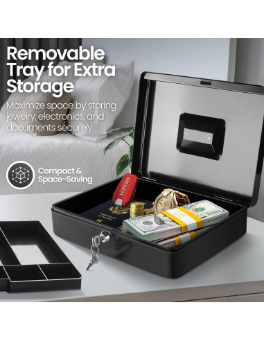 Caja de Dinero Flexzion Negra con Bandeja y Cerradura 29x23x8cm