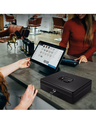 Caja de Dinero Flexzion Negra con Bandeja y Cerradura 29x23x8cm