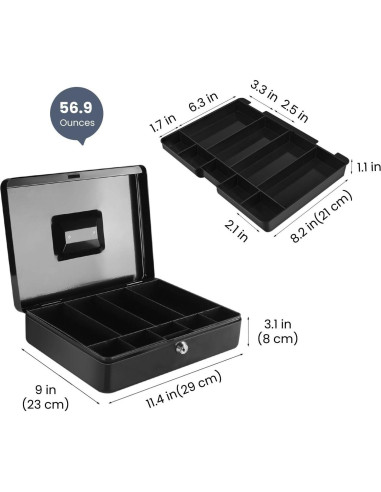 Caja de Dinero Flexzion Negra con Bandeja y Cerradura 29x23x8cm