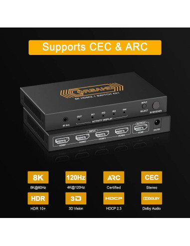 Interruptor HDMI 2.1 4x1 CORSAHD 8K 60Hz 48Gbps Control Remoto