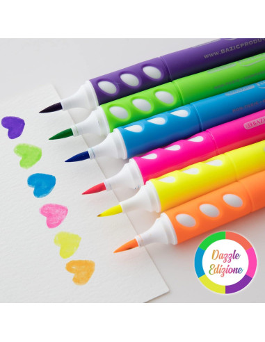 Marcadores de Pincel BAZIC 6 Colores Neón Lavables 0.4mm