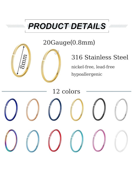 Aros de Nariz Acero Inoxidable 20G 8mm Set 12 Colores