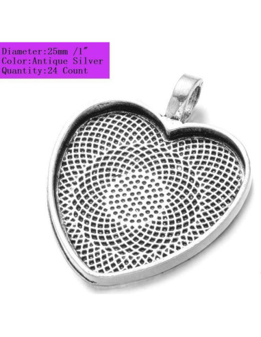 24 Bandejas Colgantes Corazón Plata Antigua 25mm AKOAK