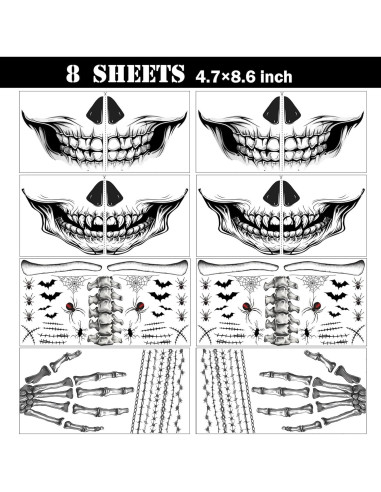 8 Tatuajes Temporales de Esqueleto Halloween Yitla - A-8