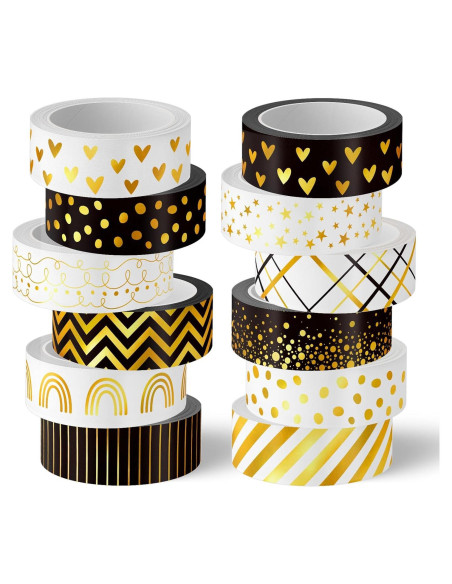 Cinta Washi Decorativa Whaline 12 Rollos Hoja de Oro 1.52cm