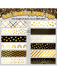 Cinta Washi Decorativa Whaline 12 Rollos Hoja de Oro 1.52cm 2