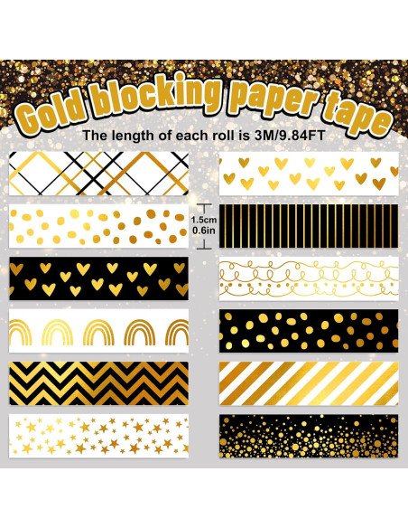 Cinta Washi Decorativa Whaline 12 Rollos Hoja de Oro 1.52cm