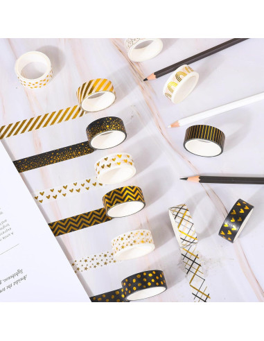 Cinta Washi Decorativa Whaline 12 Rollos Hoja de Oro 1.52cm