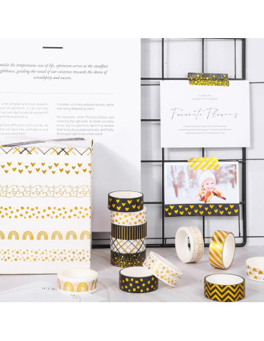 Cinta Washi Decorativa Whaline 12 Rollos Hoja de Oro 1.52cm