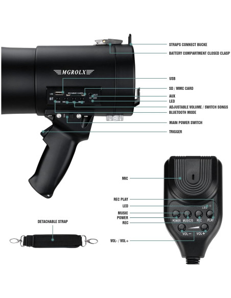 Megáfono Bluetooth MGROLX 50W con Batería Recargable y Sirena