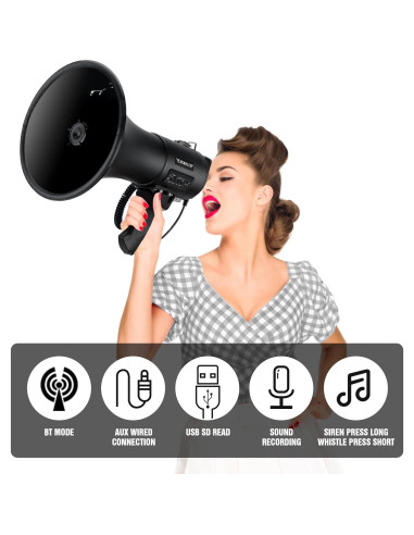 Megáfono Bluetooth MGROLX 50W con Batería Recargable y Sirena
