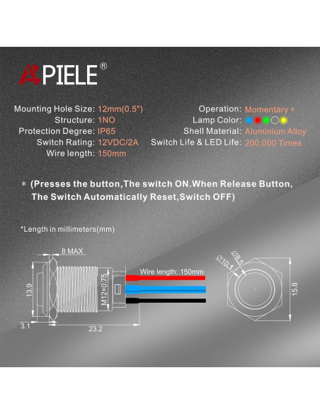 Interruptor de Botón Momentáneo APIELE 12mm LED IP65