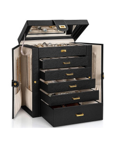 Caja de Joyas AKOZLIN Extra Grande Negra con Espejo y Cerradura