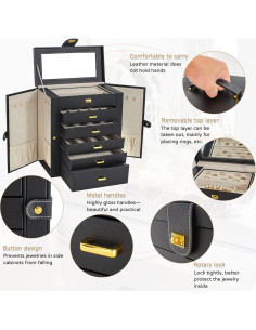 Caja de Joyas AKOZLIN Extra Grande Negra con Espejo y Cerradura 2