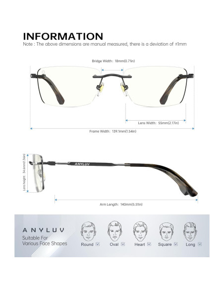 Gafas de Luz Azul Sin Montura ANYLUV para Hombres - Antifatiga Visual