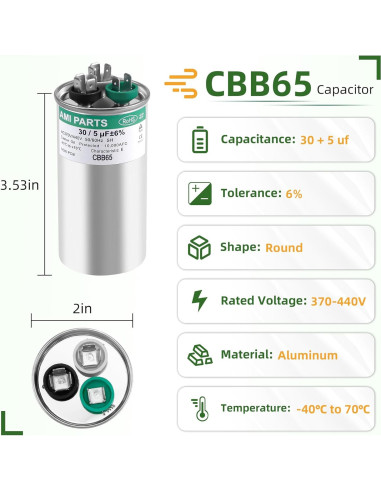 Capacitor CBB65 30+5uF 370/440V AMI PARTS para AC