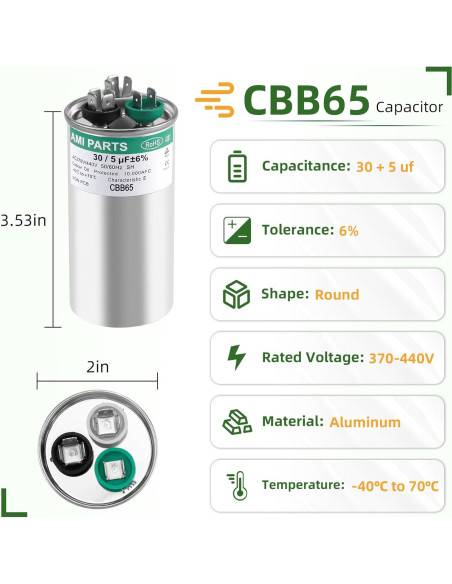 Capacitor CBB65 30+5uF 370/440V AMI PARTS para AC