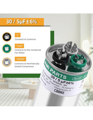 Capacitor CBB65 30+5uF 370/440V AMI PARTS para AC