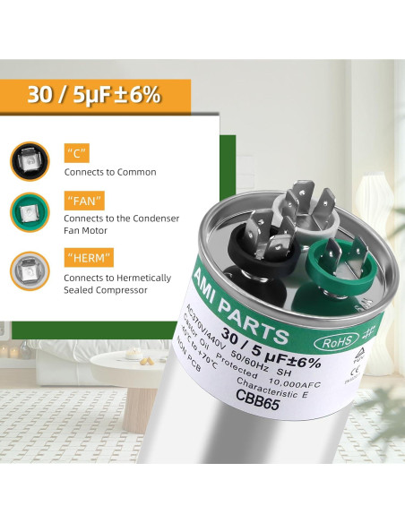 Capacitor CBB65 30+5uF 370/440V AMI PARTS para AC