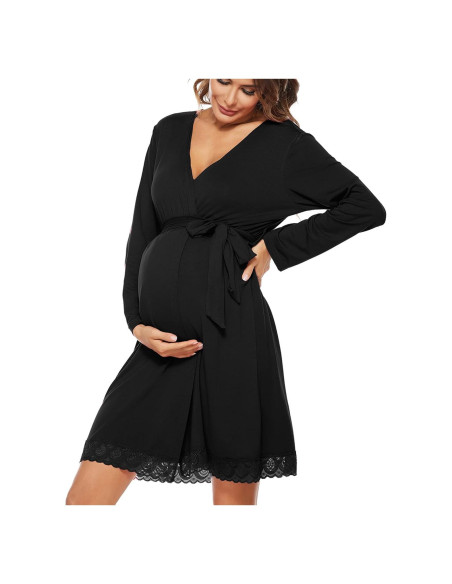 Bata de Maternidad y Lactancia SWOMOG Manga Larga Negra