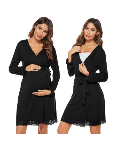 Bata de Maternidad y Lactancia SWOMOG Manga Larga Negra