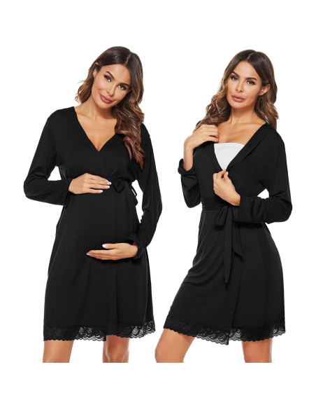 Bata de Maternidad y Lactancia SWOMOG Manga Larga Negra