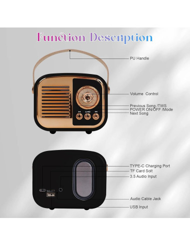 Altavoz Bluetooth Retro Aresrora Mini 3W Negro