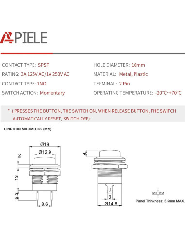 Interruptor de Botón Momentáneo APIELE R13-507 16mm 6 Pcs Negro