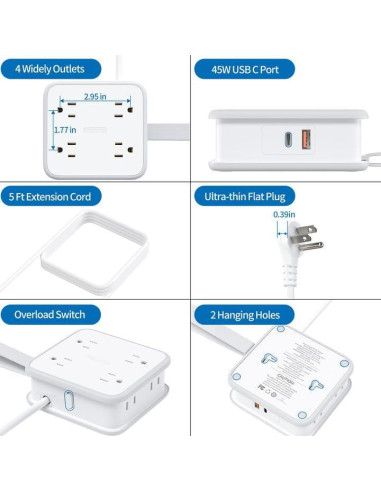 Regleta de Enchufes NTONPOWER 45W USB-C 8 Salidas 1.5m