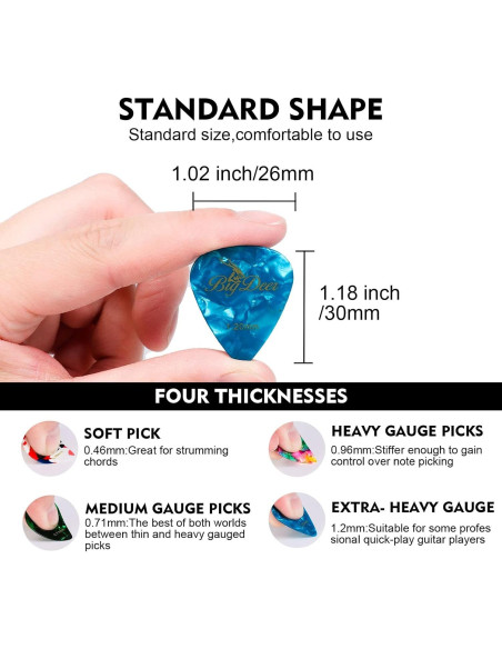 BigDeer 16 Púas de Guitarra de Celuloide Multicolor - Fina, Media, Pesada, Extra Pesada