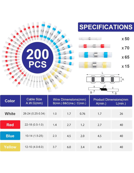 Kit de Conectores de Cable Termoretráctiles Husfunov 200PCS